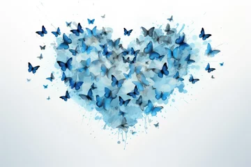 Photo sur Plexiglas Papillons en grunge  a group of blue butterflies in the shape of a heart on a white background with a splash of paint on the bottom half of the image and bottom half of the heart.