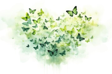  a painting of a bunch of green butterflies flying in the air with watercolor paint splatters on the bottom of the image and bottom half of the image.