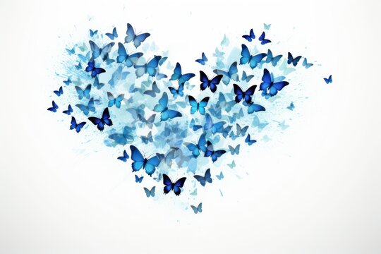  a group of blue butterflies in the shape of a heart on a white background with a shadow of the butterfly in the shape of a heart on the left side of the image.
