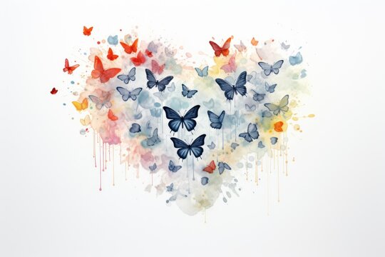  a group of butterflies in the shape of a heart, painted in watercolor on a white background with a splash of paint on the bottom half of the image.