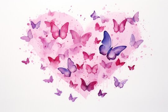  a watercolor painting of a pink heart with lots of purple butterflies in the shape of a heart on a white background with a spray of pink watercolor paint.