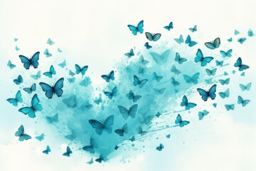  a group of blue butterflies flying through the air in the shape of a heart on a light blue background with a spray of water in the shape of a heart.