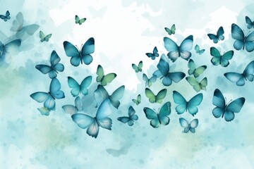  a group of blue butterflies flying in the sky with watercolor paint splashes on the back of the image and the bottom half of the image of the butterflies flying in the air.