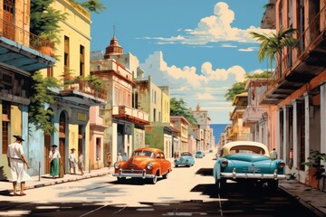  a painting of a street scene with cars parked on the side of the road and people walking on the side of the street in front of a row of buildings.