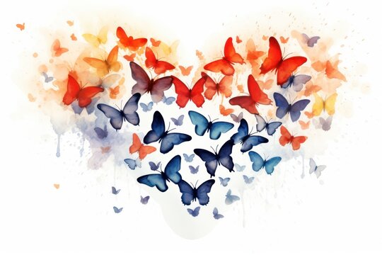  a watercolor painting of a bunch of butterflies in the shape of a heart with a splash of paint on the bottom of the image and bottom half of the image.