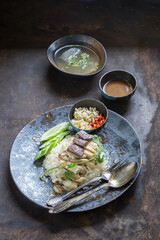 Hainanese Chicken Rice or steamed rice with chicken - Asian food style