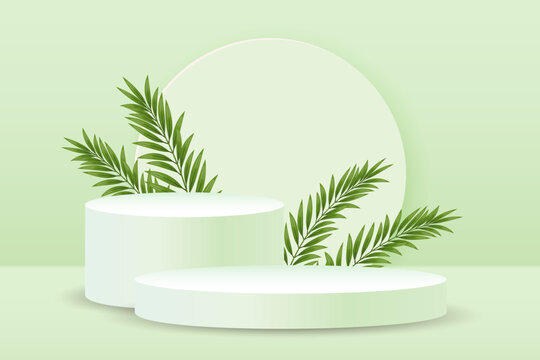 Podium with palm leaves for product presentation on a pale green background. 3D illustration, vector © Tatiana