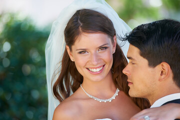 Portrait, bride and groom embrace at wedding with smile, love and commitment at reception. Garden,...