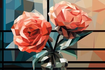  a painting of two red roses in a vase on a window sill in front of a blue and beige background with a geometric design of the same color as the background.