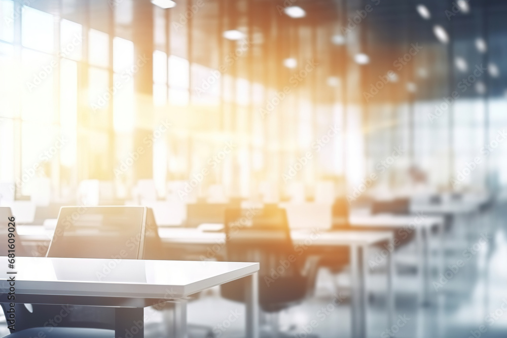 Poster blurred empty open space office. abstract light bokeh at office interior background for design.