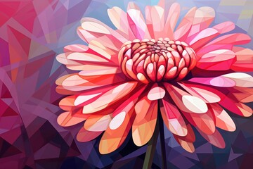  a painting of a pink flower on a blue and pink background with a low polygonic design of a flower in the middle of the center of the image.