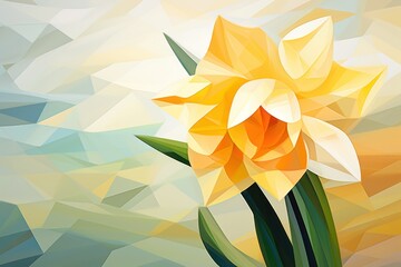  a digital painting of a yellow flower on a yellow, blue, green, yellow, and white background with low, low - poly poly shapes and low - focus.