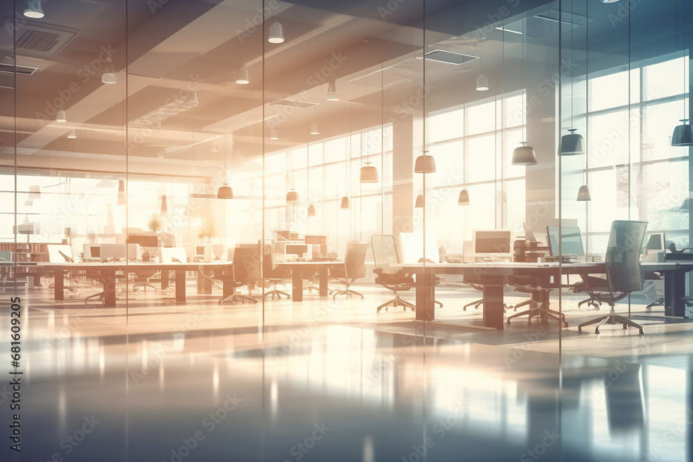 Poster blurred empty open space office. abstract light bokeh at office interior background for design.
