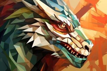  a close up of a wolf's head made up of many different colors of the same color as it appears on a yellow, orange, red, green, blue, yellow, and white background.