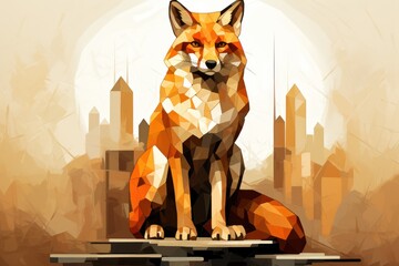  a digital painting of a fox sitting on a ledge in front of a cityscape with a full moon in the sky and a cityscape in the background.