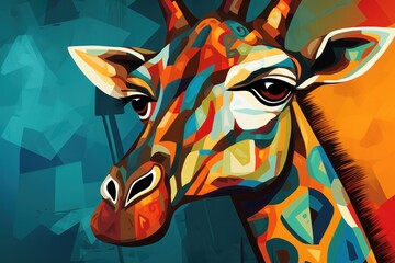  a close up of a giraffe's face on a blue background with orange, yellow, red, and green shapes on it's head and neck.
