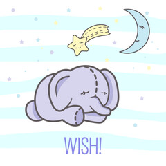 Cute children's illustration with elephant, month, star. Blue, yellow