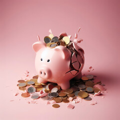 smashed piggy bank with coins isolated on plain pink studio background. ai generative