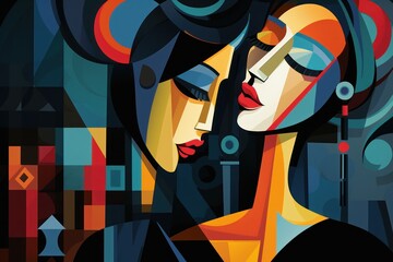  a painting of two women, one with her eyes closed and the other with her head turned to the side, with a black background of multi - colored shapes.