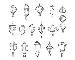 Chinese lantern element vector hand-drawn outline sketch illustration set © Supersubstd