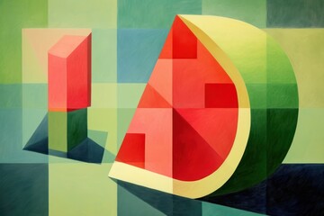 a painting of a slice of watermelon on a green, blue, yellow, and red checkered background with the letter c in the middle of the image.