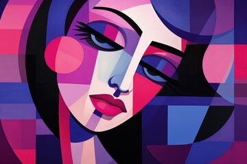  a painting of a woman's face with blue eyes and pink, purple, and pink squares on the background of the painting is a woman's face.