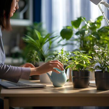 a person watering a small green plant in a pot in the home office room. real natural plant pots on a wooden desk generated by Ai