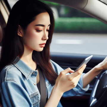 Woman driver using mobile phone screen blank mockup while driving distracted from the road. ai generative