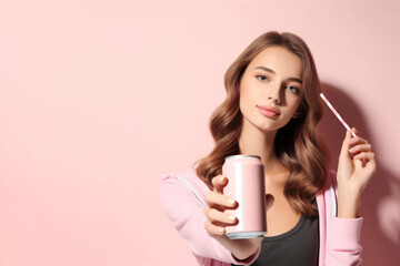 Woman holding pink soda can with paper straw on solid pastel background. ai generative - obrazy, fototapety, plakaty