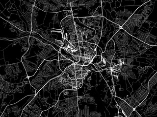 Vector road map of the city of Belgorod in the Russian Federation with white roads on a black background.