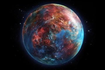  a large red and blue planet with stars in the background and a black sky with a few white stars in the middle of the image, and a black space with a few red and blue stars in the middle.