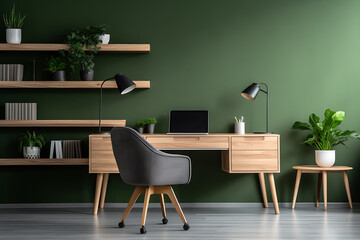 Modern home office with wooden desk and office generated by Ai