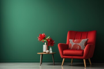  a red chair next to a small table with a vase of flowers on it and a vase of red flowers on a small table in front of a green wall.