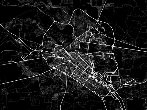Vector road map of the city of Tyumen in the Russian Federation with white roads on a black background.