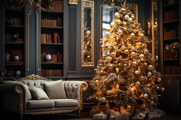 Christmas tree with decorative lights inside the house. Vintage living room interior with Christmas tree. Generative AI