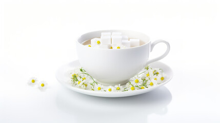 An isolated image of a cup of chamomile tea with sugar cubes on a white background