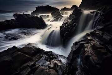  a long exposure photo of a waterfall in the ocean with rocks in the foreground and a full moon in the sky in the background, with dark clouds in the background.