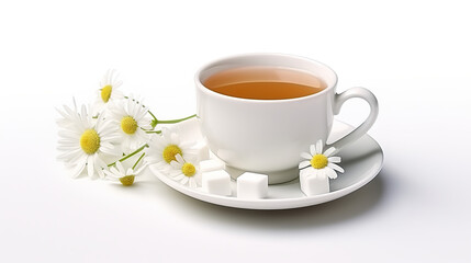 An isolated image of a cup of chamomile tea with sugar cubes on a white background