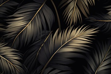  a close up of a black and gold wallpaper with a pattern of large, thin, leafy, black and gold leaves on a dark background of black.