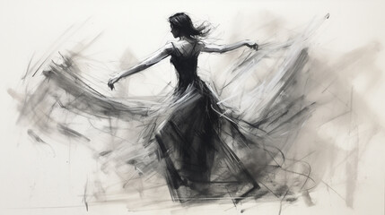 Black charcoal pencil drawing of a young active ballet dancing lady in white background with live performance 