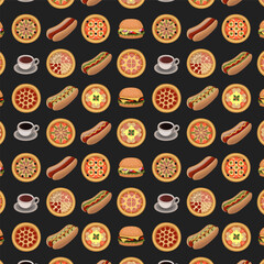 Seamless pattern with pizzas hot dogs coffee tea on dark background design for pizzeria