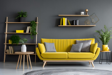 Stylish grey sofa with yellow pillows near modern apartment interior.