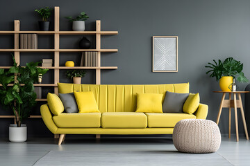 Stylish grey sofa with yellow pillows near modern apartment interior.