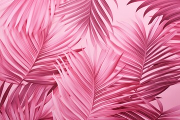  a close up of a pink wallpaper with a bunch of pink palm leaves on the left side of the wall and a pink background of pink and white palm leaves on the right side.
