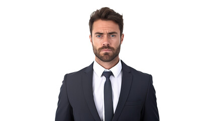 An ambitious businessman appears isolated on a pure white background.