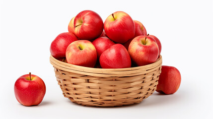 Apples in a wicker basket with droplets isolated on a pure white background