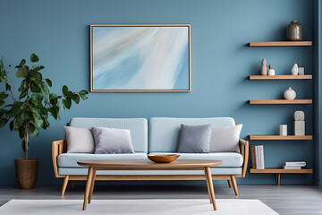 A wood coffee table near cozy sofa against blue interior design generated by Ai
