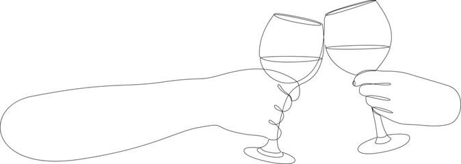 Continuous one line drawing of hands cheering with glasses of wine. Single line drawing of cheers of wine glass. Minimalist style contour vector illustration.