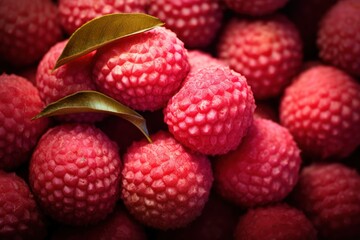  a close up of a bunch of raspberries with a leaf on top of one of the raspberries is red and the other raspberries are red.