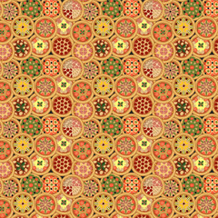 Seamless pattern with various round pizzas tightly lying in chaotic manner on dark background